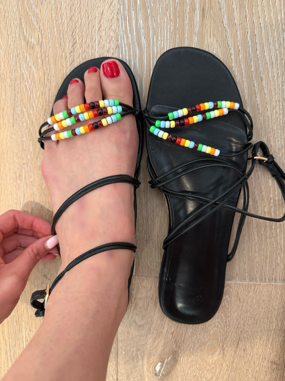Women’s Black Beaded Lace-Up Sandals with Multicolor Accent